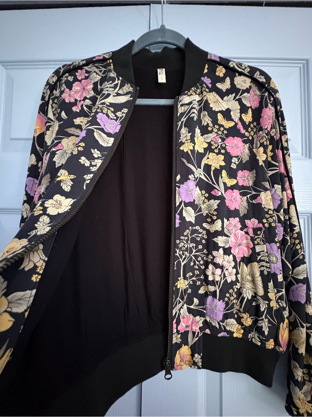 Anthropologie Zip-Front Bomber Jacket - Black w Pink & Purple Floral Print sz S